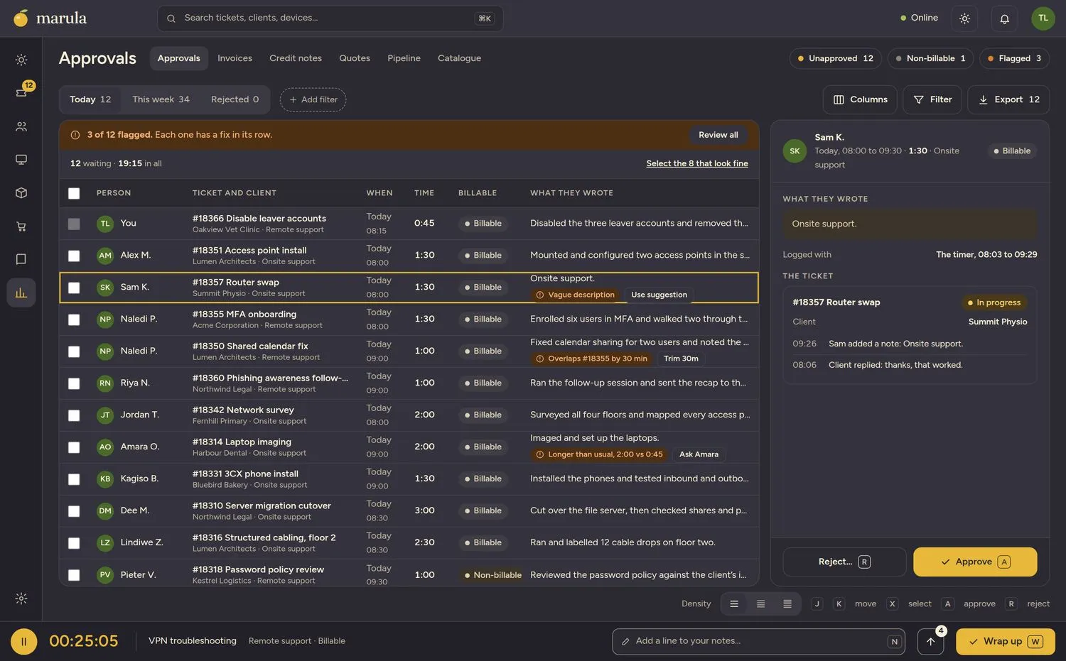 The approvals queue with three flagged entries and a fix in each row