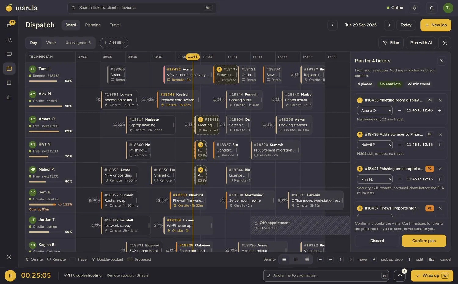 The dispatch board with a plan proposed by the Decision Engine: dashed blocks numbered to match a review panel, with a reason for each placement