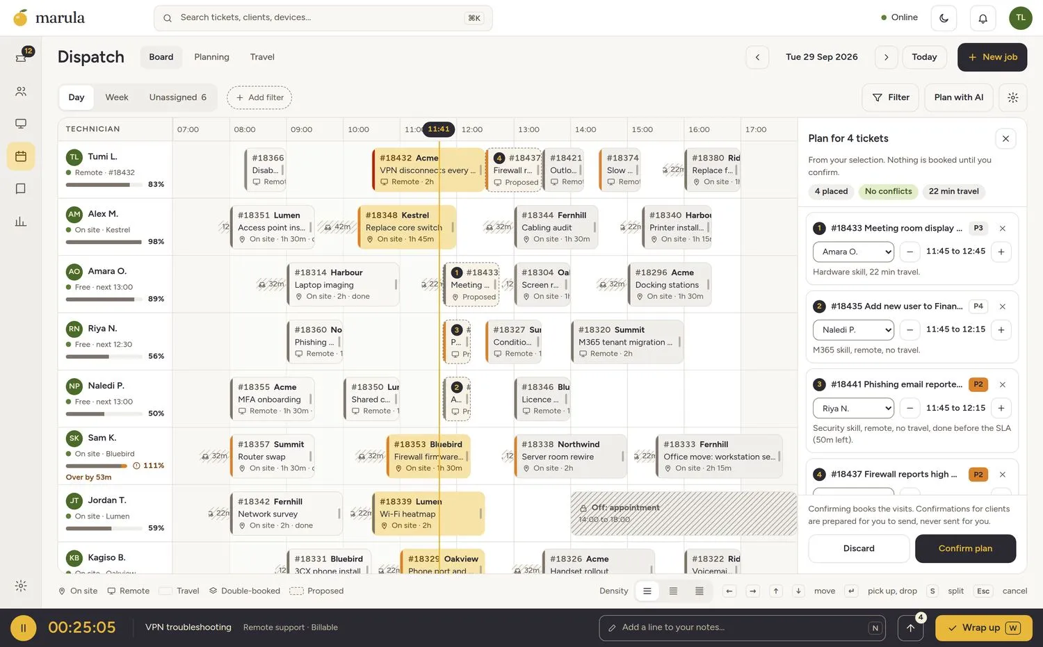 The dispatch board with a plan proposed by the Decision Engine: dashed blocks numbered to match a review panel, with a reason for each placement