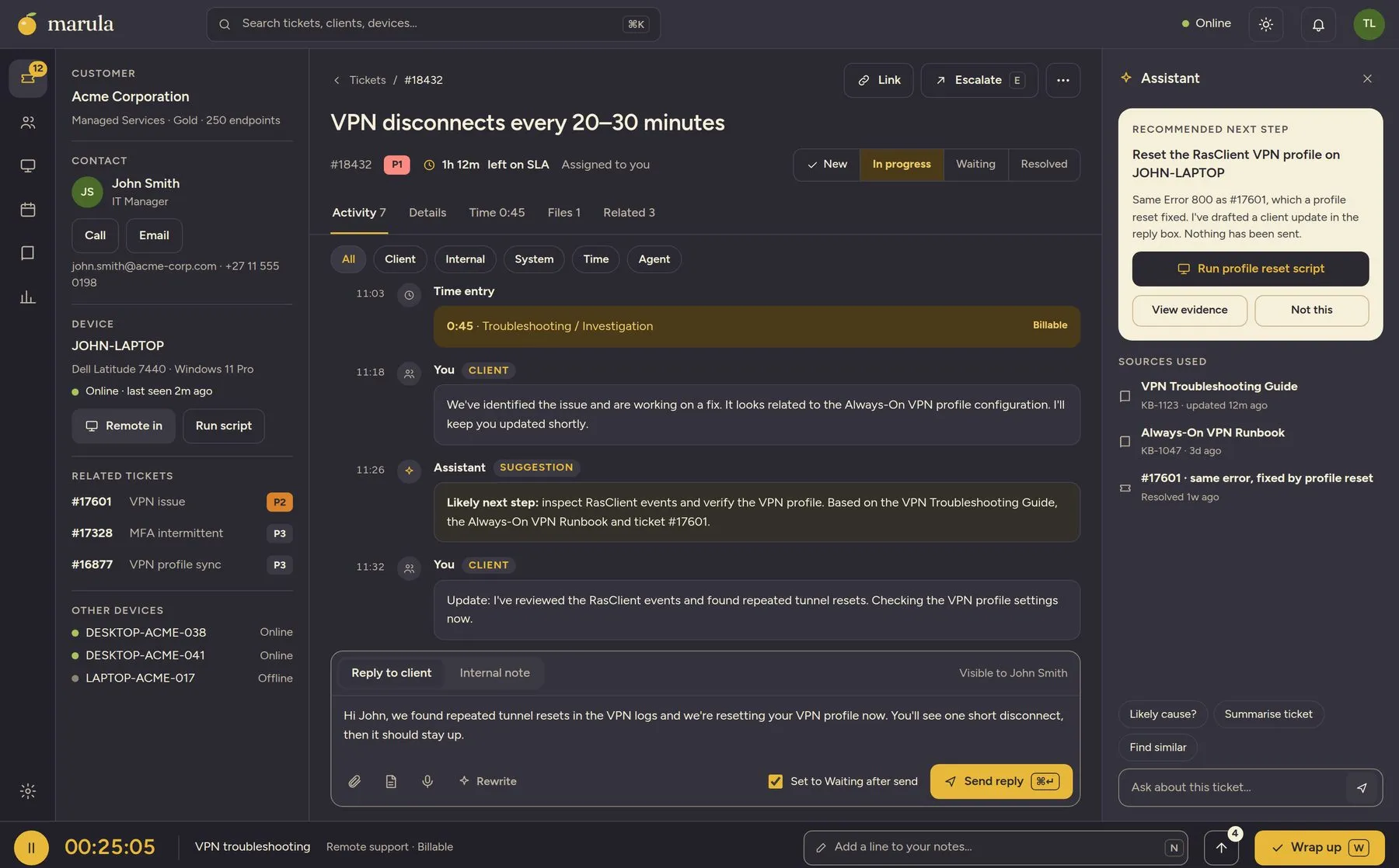 A ticket in Marula: the conversation, the customer's context, and a suggested next step from the agent