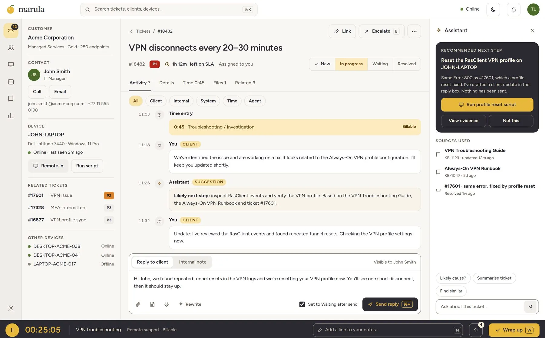 A ticket in Marula: the conversation, the customer's context, and a suggested next step from the agent