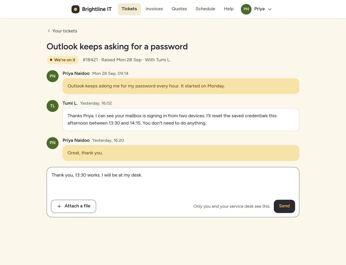 The client portal: a ticket thread and a reply box, in plain words