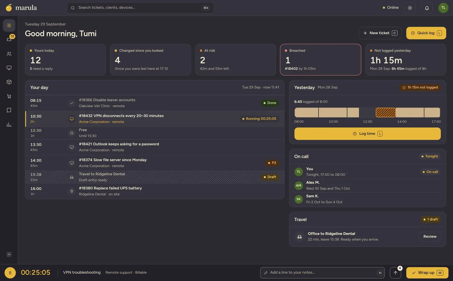 The Today screen: what needs you, the day, and yesterday's unlogged hour